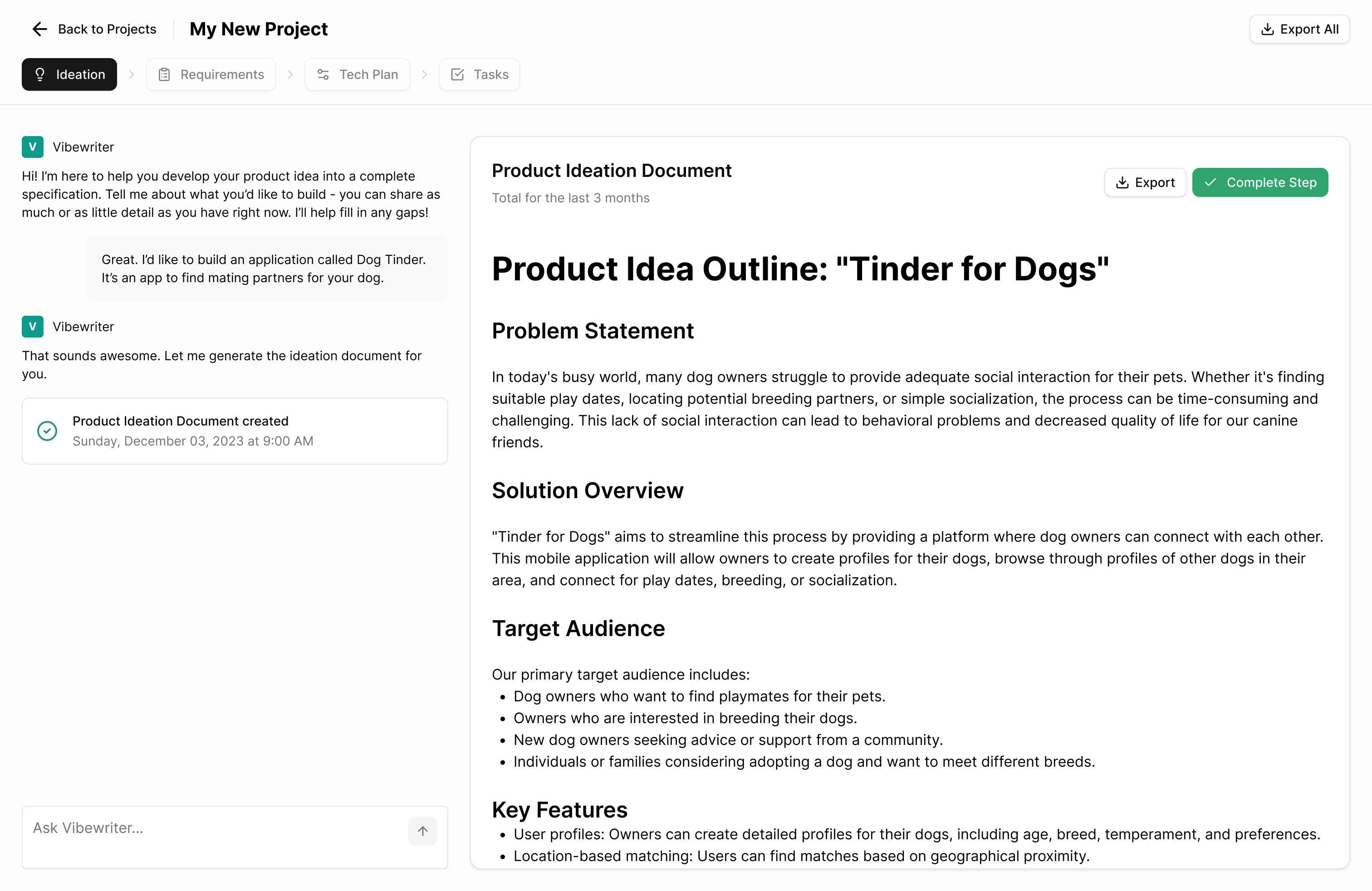 Vibewriter Dashboard Screenshot